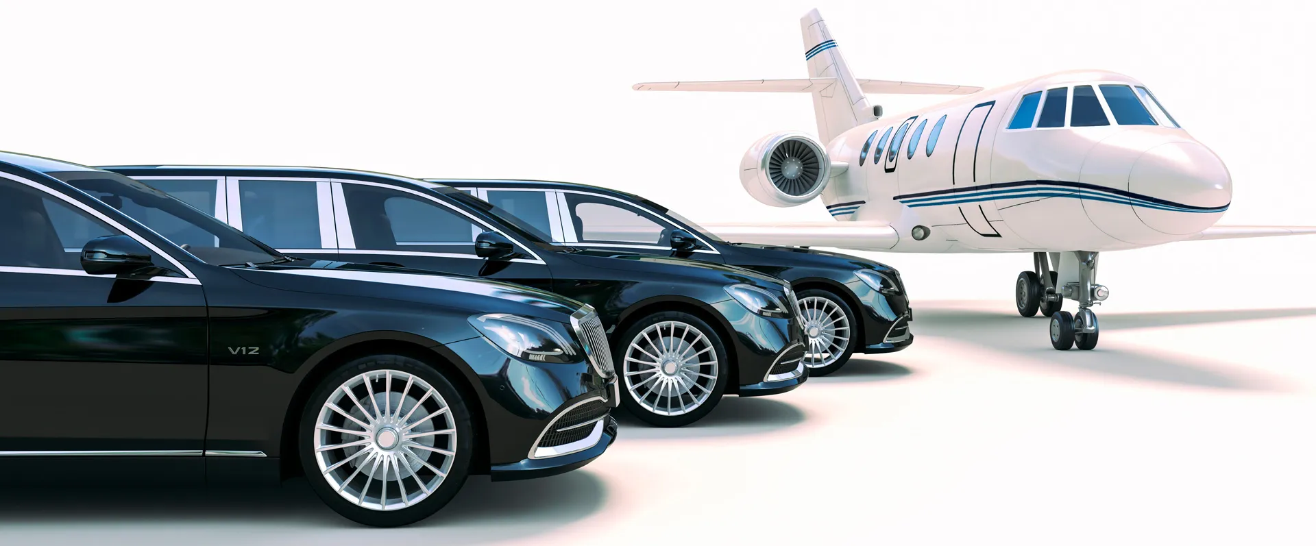 A fleet of chauffeur-driven vehicles and a private jet, representing Pastranscor's integrated ground and air transport service